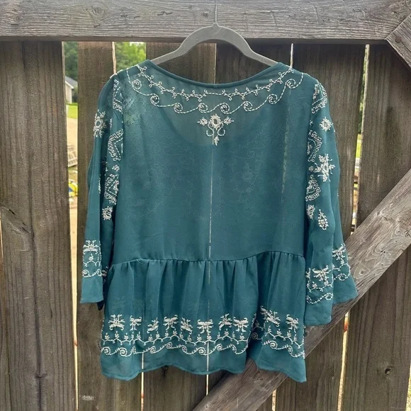 Free People Boho Pennies Sequel Teal Blue Green Embroidered Bell Sleeve Blouse - Picture 9 of 9